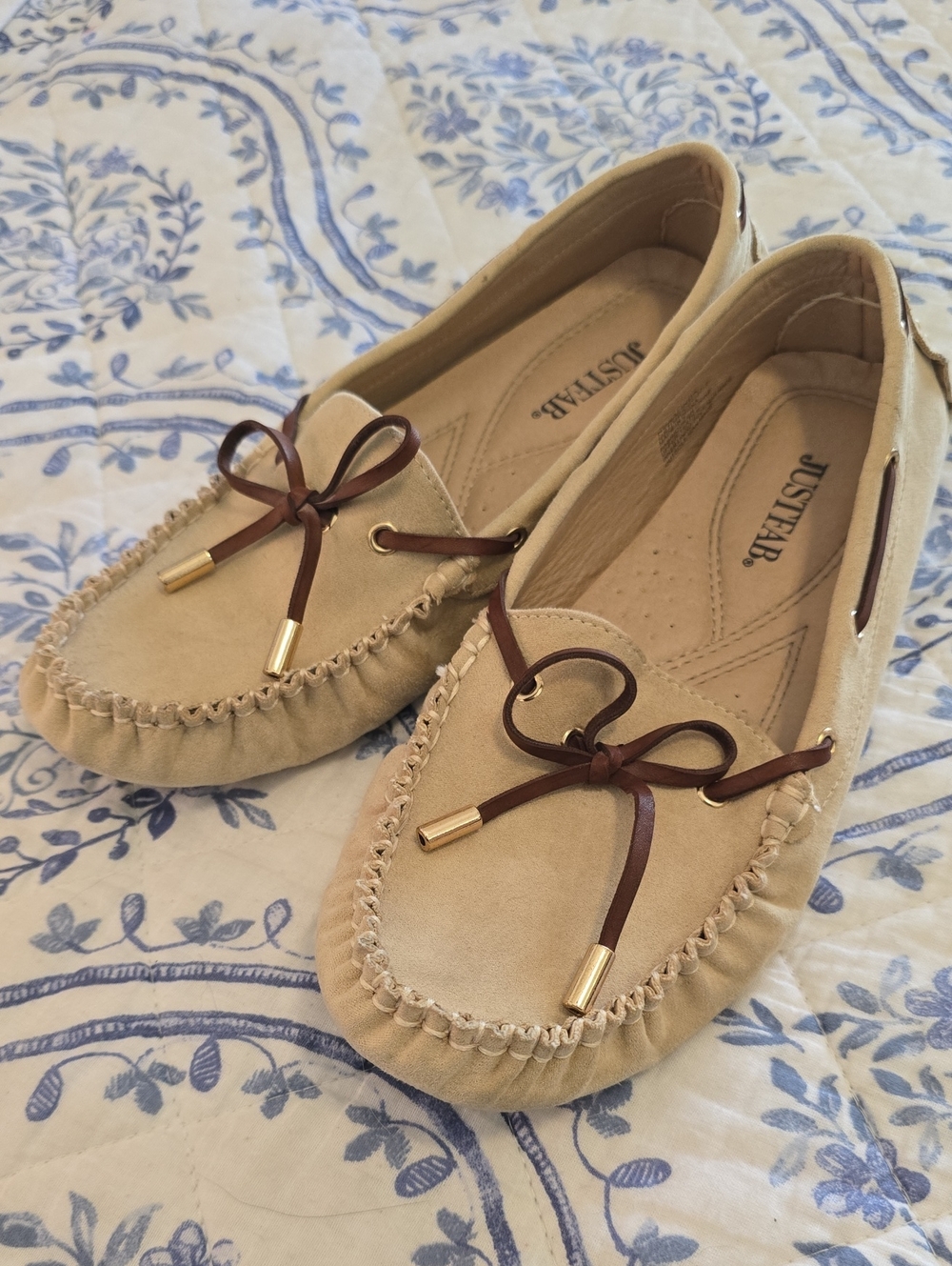 JustFab Rosal India Beige Suede Moccasin Loafers with Bow Accent